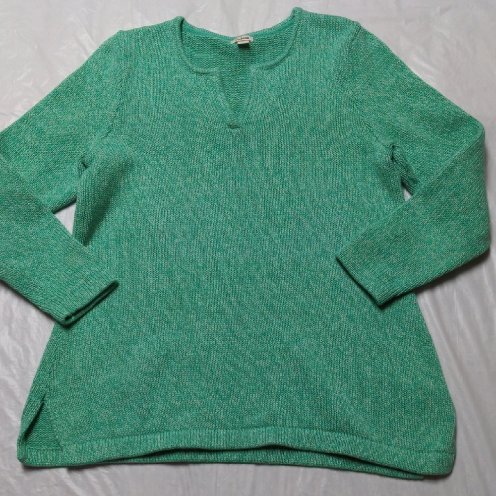 LL Bean Split Neck 100% Cotton Green Tunic Sweater Plus Size 1X